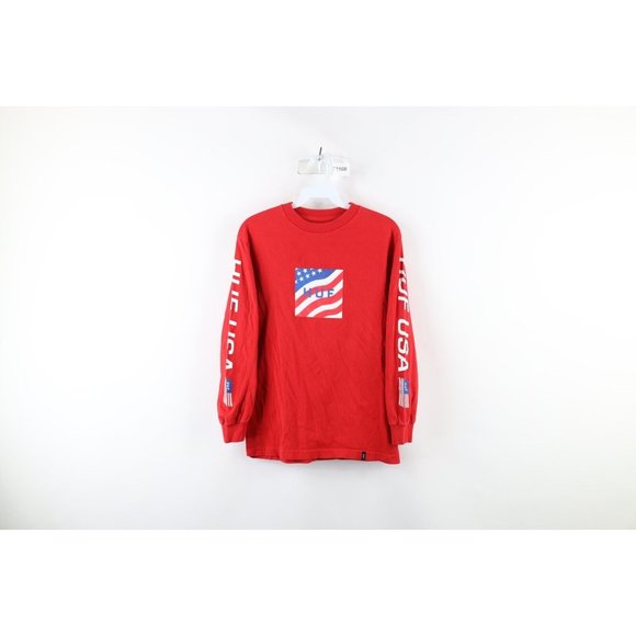 Vintage Huf Mens Small Faded Spell Out Box Logo USA Flag Long Sleeve T-Shirt Red - Picture 1 of 12